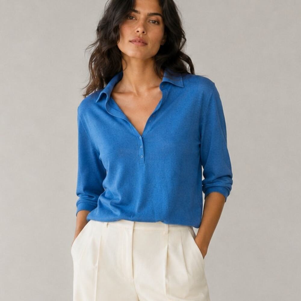Loro Piana Silk Cotton Polo Womens 40/S Blue Collared 3/4 Sleeve Relaxed